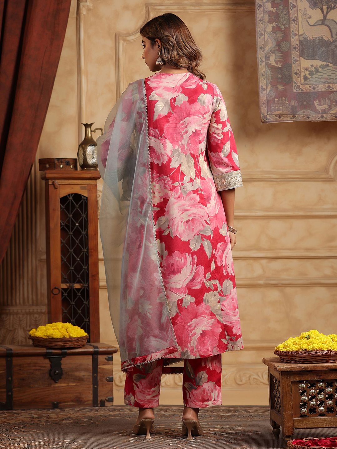Dhiyona RR Women's Floral Printed Sequinned Pure Cotton Anarkali Kurta with Trousers & Dupatta