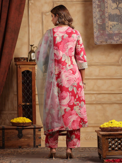 Dhiyona RR Women's Floral Printed Sequinned Pure Cotton Anarkali Kurta with Trousers & Dupatta