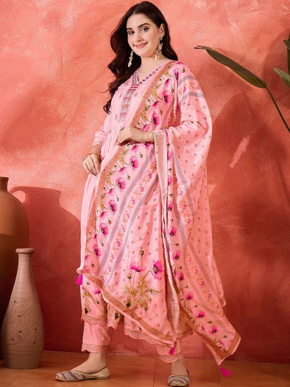 Dhiyona CH Women Floral Embroidered Anarkali Kurta with Trousers & Dupatta