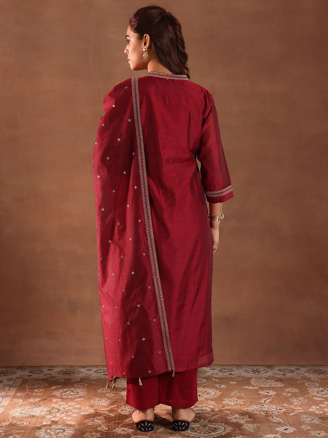 Geometric Woven Design Zari Chanderi Silk Straight Kurta With Trousers & Dupatta