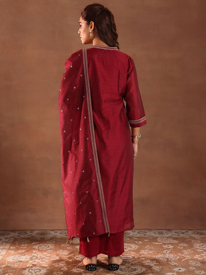 Geometric Woven Design Zari Chanderi Silk Straight Kurta With Trousers & Dupatta