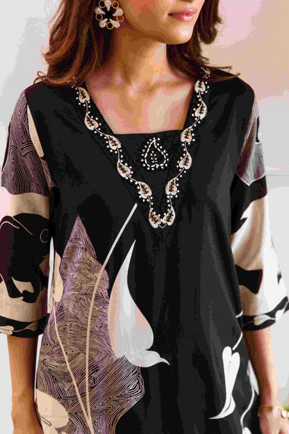 Dhiyona IS Women's Ethnic Motifs Printed Beads And Stones Straight Kurta With Palazzos