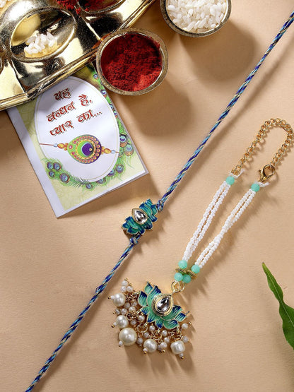Dhiyona Set Of 2 Kundan-Studded & Beaded Lotus Shape Bhaiya Bhabhi Rakhis With Roli Chawal