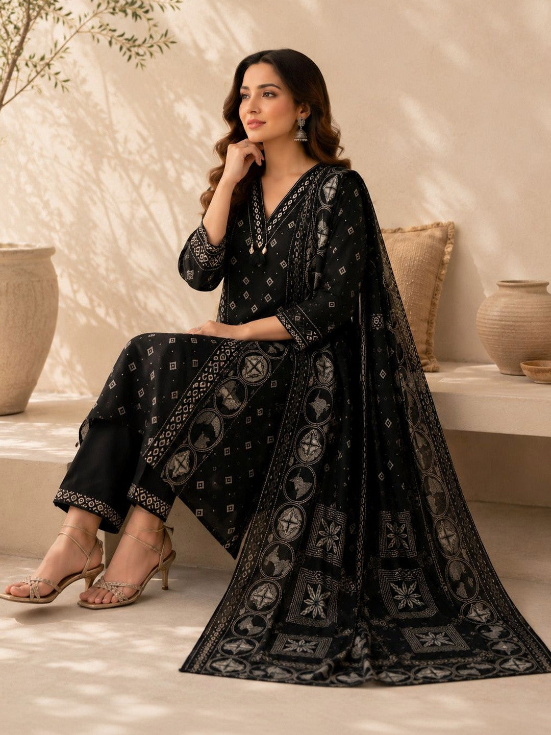 Women Ethnic Motifs Printed Regular Thread Work Pure Cotton Kurta with Trousers & With Dupatta