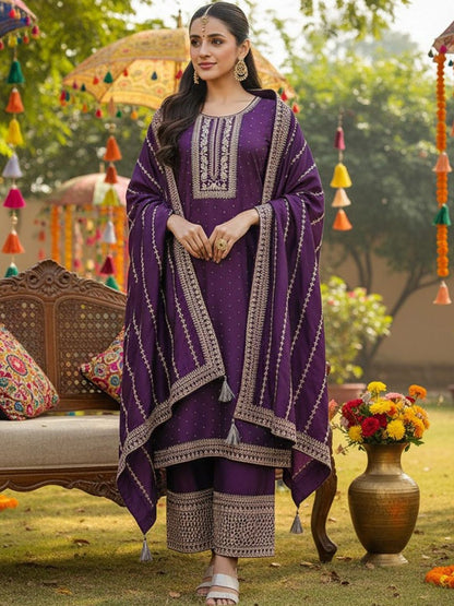 Dhiyona KL Women Ethnic Motifs Embroidered Regular Thread Work Kurta with Palazzos & With Dupatta