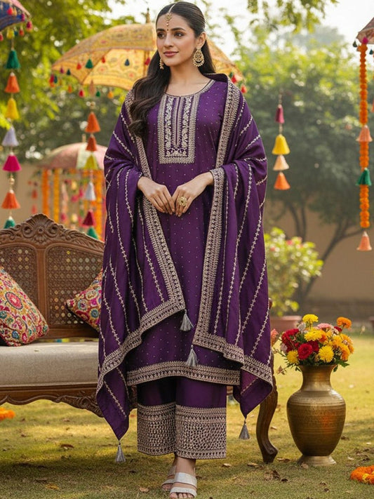 Dhiyona KL Women Ethnic Motifs Embroidered Regular Thread Work Kurta with Palazzos & With Dupatta