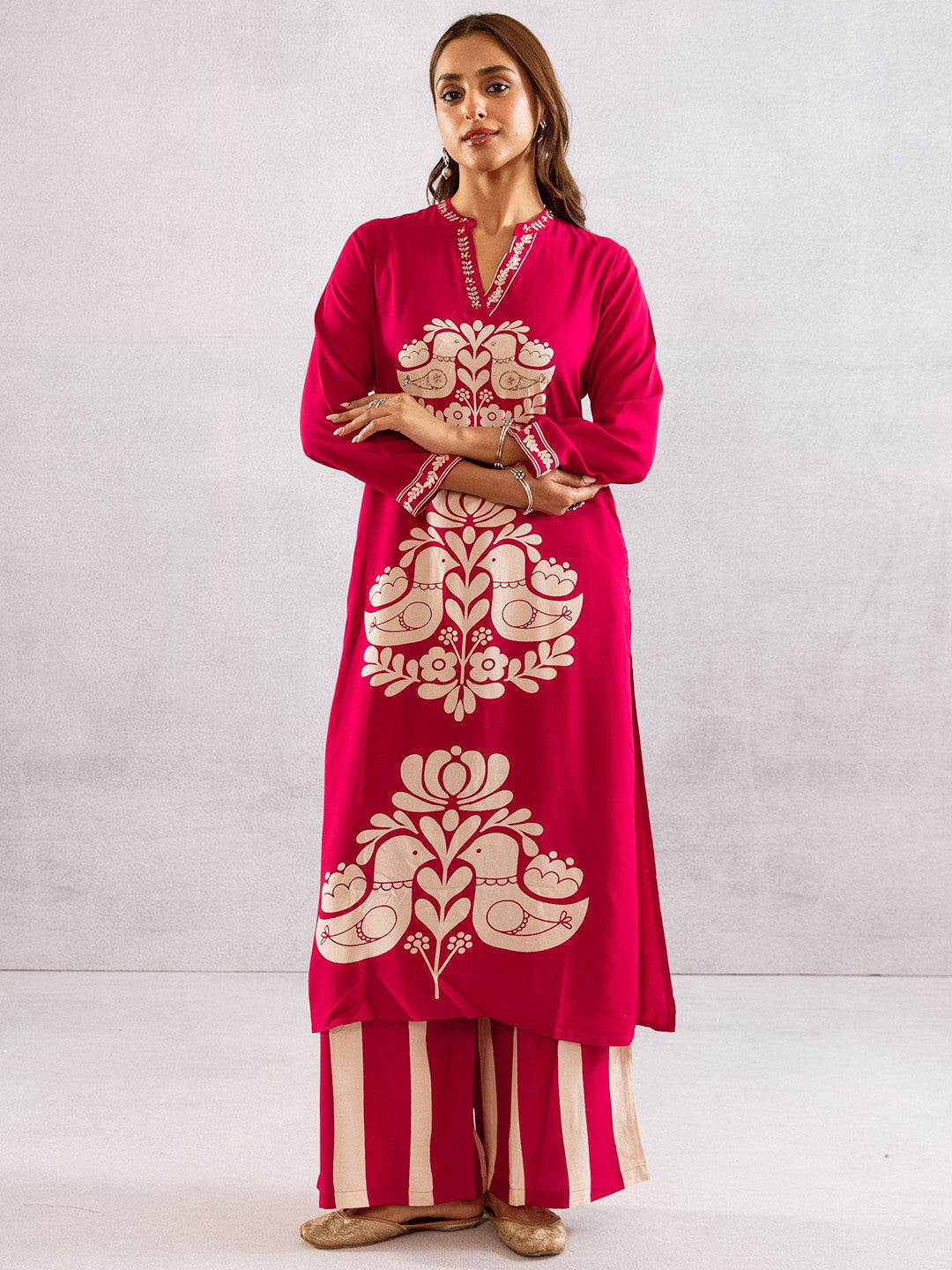 Dhiyona SN Ethnic Motifs Printed Mandarin Collar Straight Kurta With Palazzos