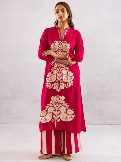 Ethnic Motifs Printed Mandarin Collar Straight Kurta With Palazzos