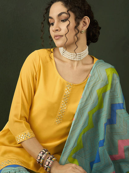 Dhiyona SN Printed Mirror Work Straight Kurta With Sharara & Dupatta