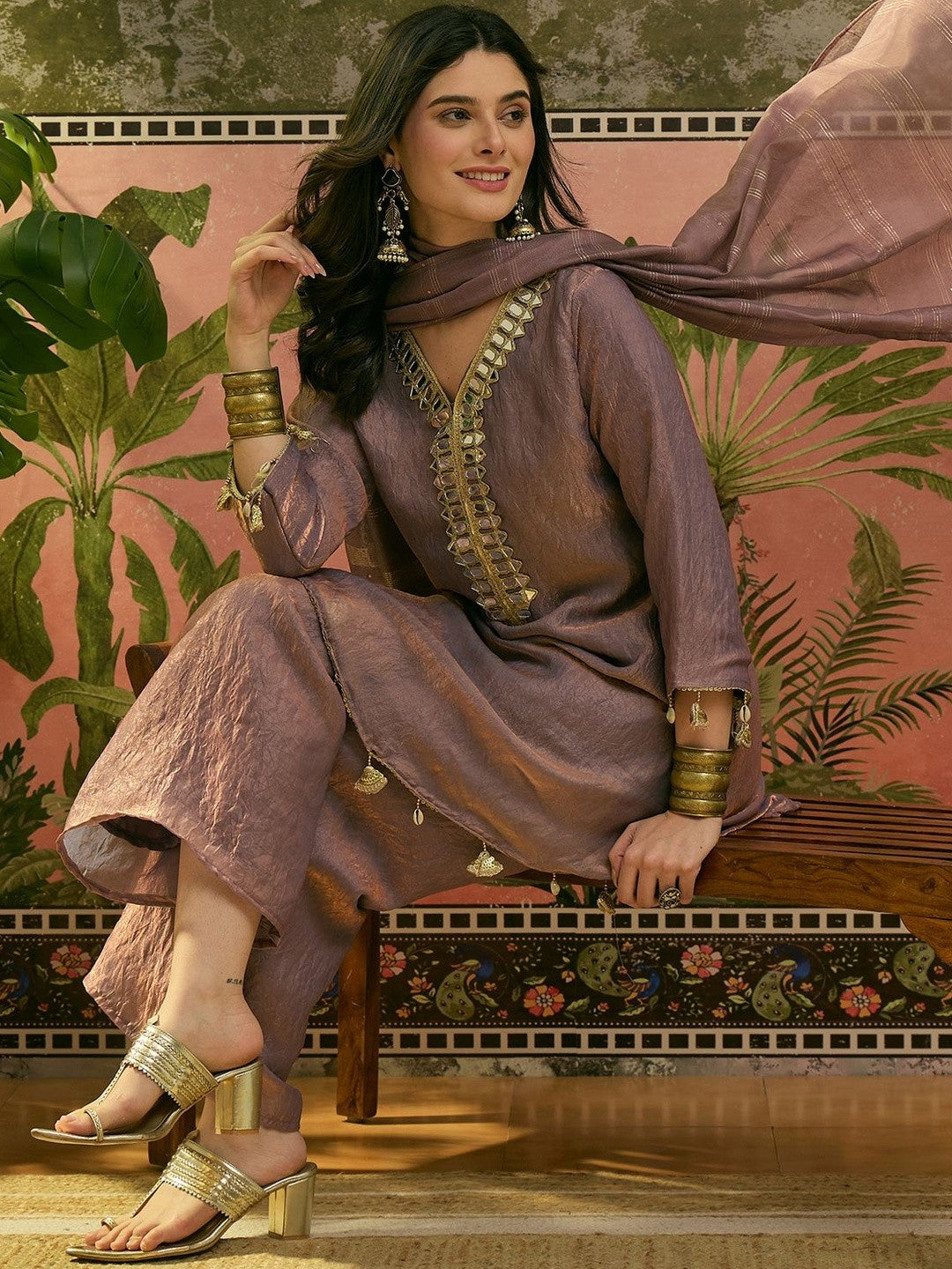 Dhiyona SN Embroidered V-Neck Kurta Palazzos & Dupatta