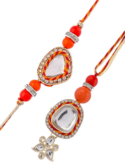 Dhiyona Red Stone Studded & Beaded Bhaiya Bhabhi Rakhis With Roli Chawal & Greeting Card