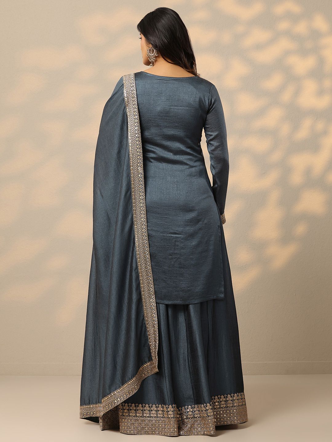 Dhiyona LL Floral Embroidered Zari Kurta with Palazzos & With Dupatta