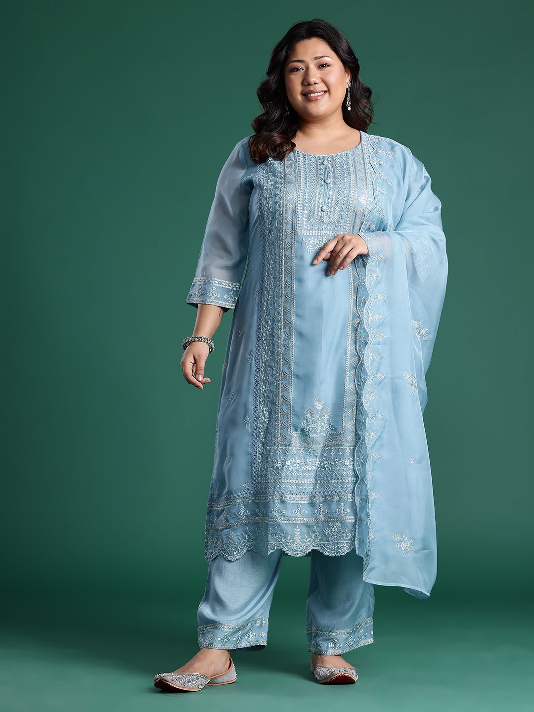 Dhiyona Women's Embroidered Sequinned Kurta With Trousers & Dupatta