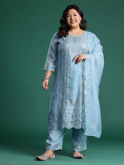 Dhiyona Women's Embroidered Sequinned Kurta With Trousers & Dupatta