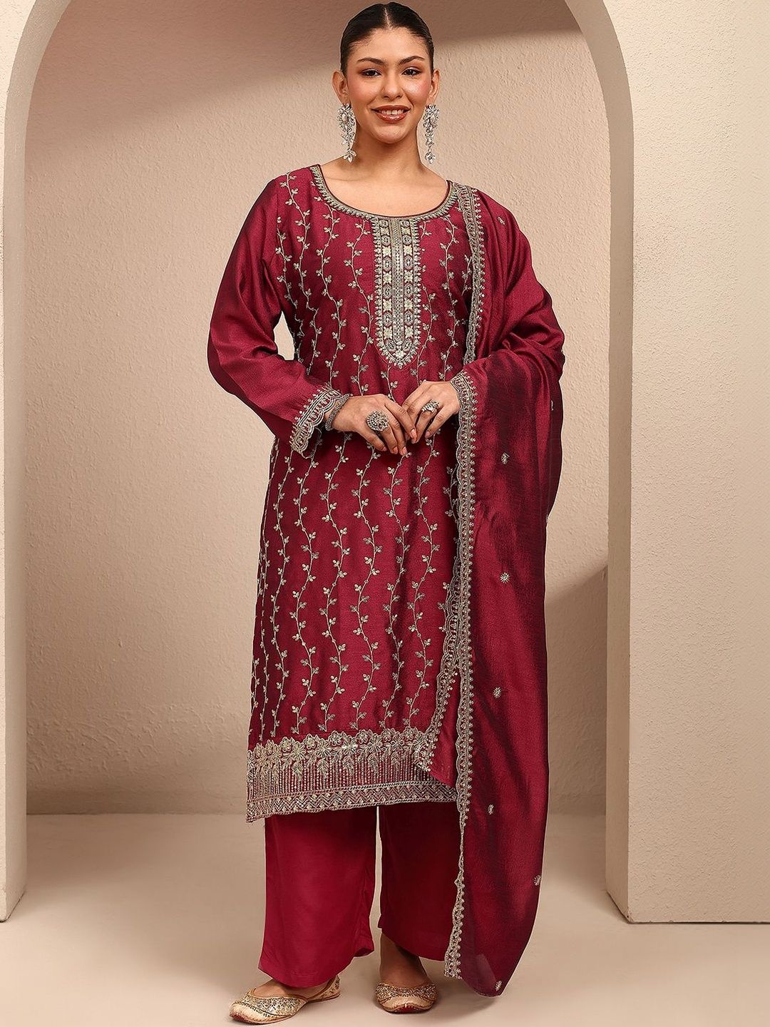 Dhiyona Women's Ethnic Motifs Embroidered Regular Thread Work Kurta with Palazzos & With Dupatta
