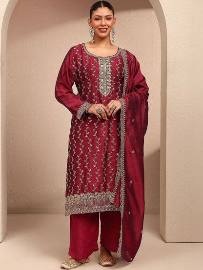 Dhiyona Women's Ethnic Motifs Embroidered Regular Thread Work Kurta with Palazzos & With Dupatta