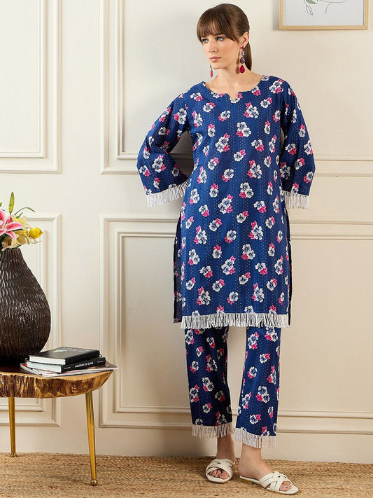 Dhiyona IE Women Floral Printed Regular Pure Cotton Kurta with Trousers