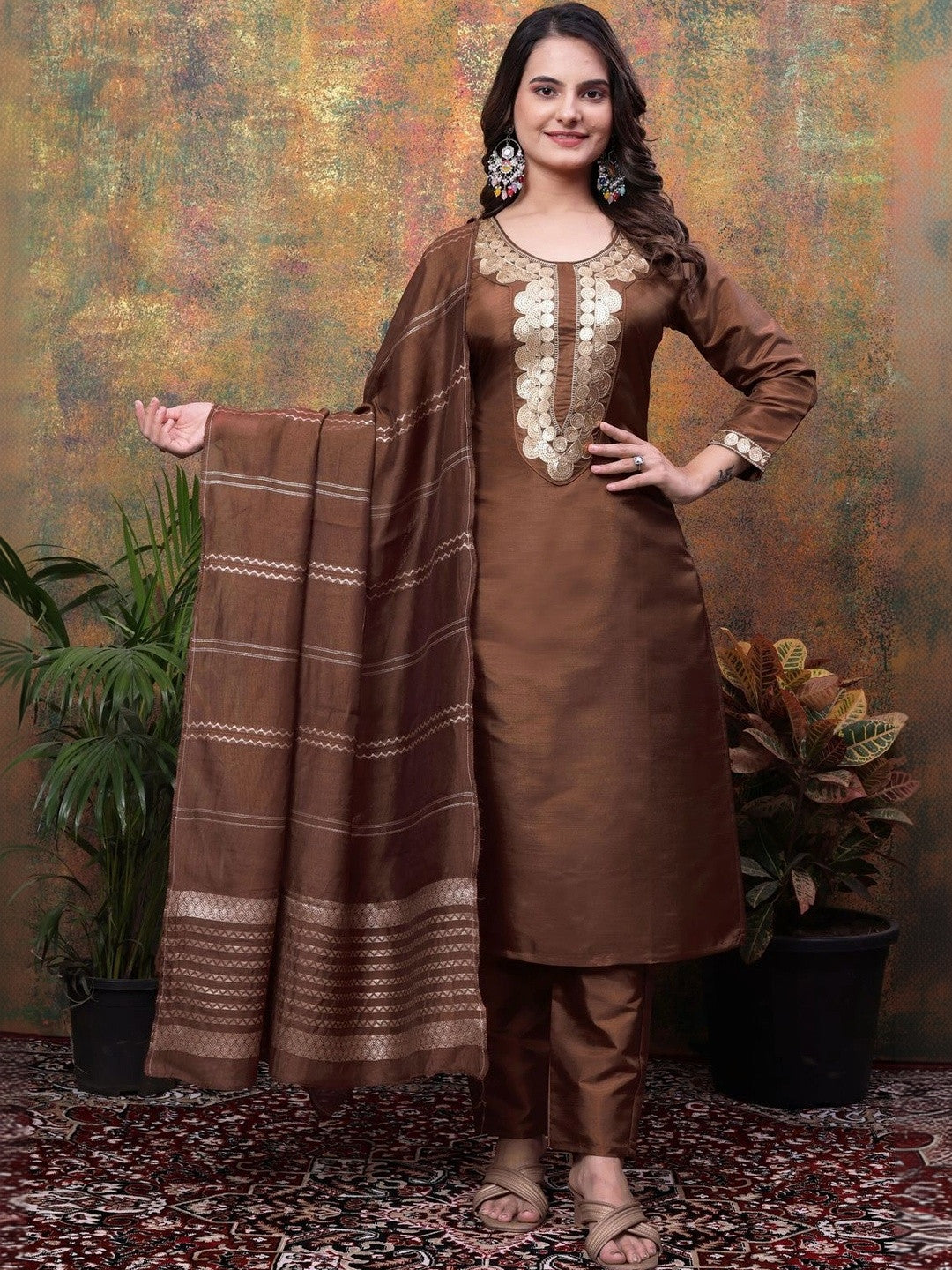 Women Ethnic Motifs Embroidered Regular Kurta with Trousers & With Dupatta