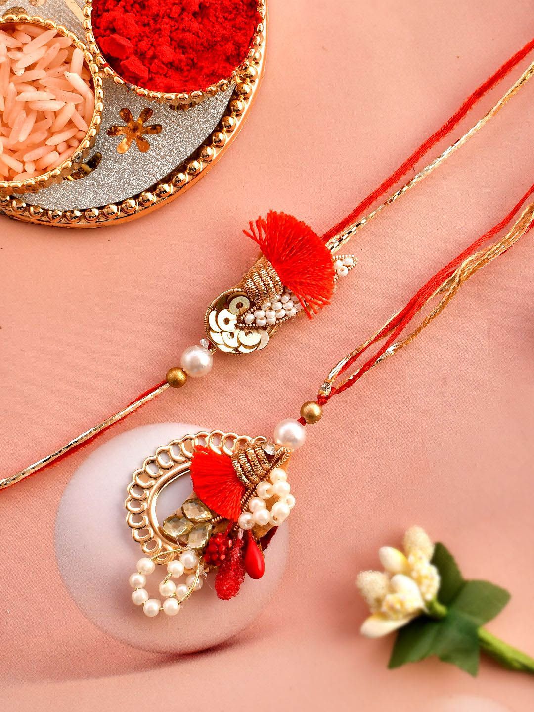 Dhiyona Red Pearl-Beaded Bhaiya Bhabhi Rakhi With Roli Chawal & Greeting Card