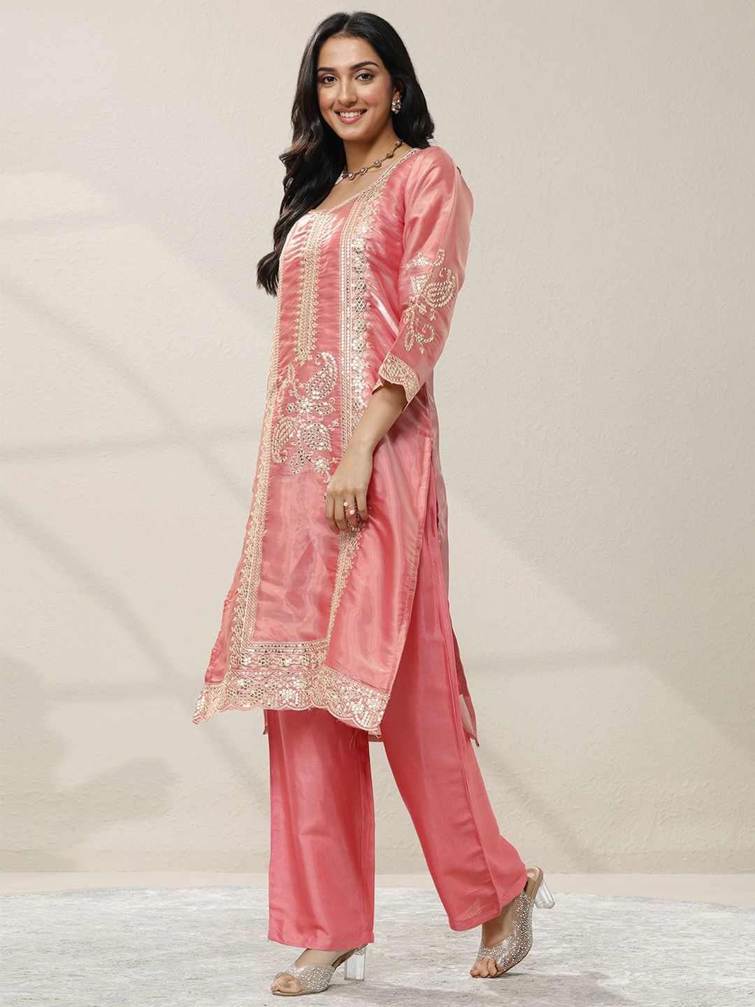 Dhiyona LL Women Ethnic Motifs Embroidered Regular Sequinned Kurta with Palazzos & With Dupatta