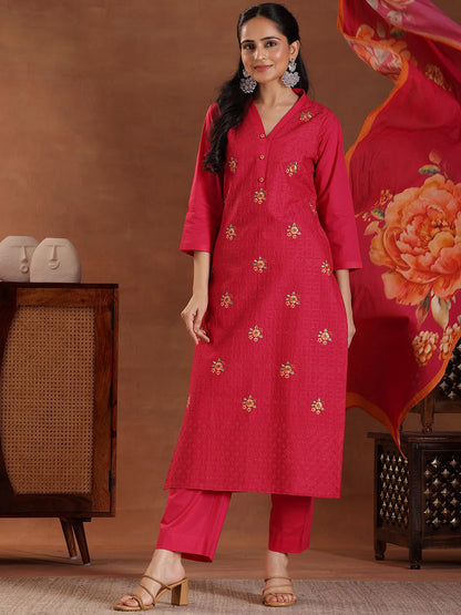 Floral Embroidered Thread Work Pure Cotton Straight Kurta with Trousers & Dupatta