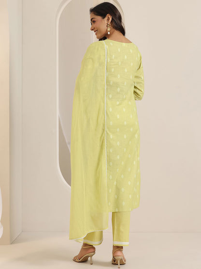 Floral Embroidered Straight cotton Kurta With Trousers And Dupatta