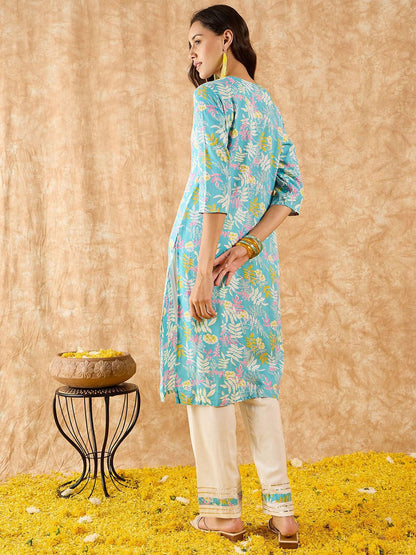 Dhiyona IE Floral Printed Straight Kurta with Trousers