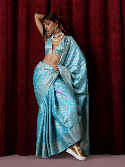 Dhiyona ST Pure Silk Blue Chevron Saree with Blouse Fabric