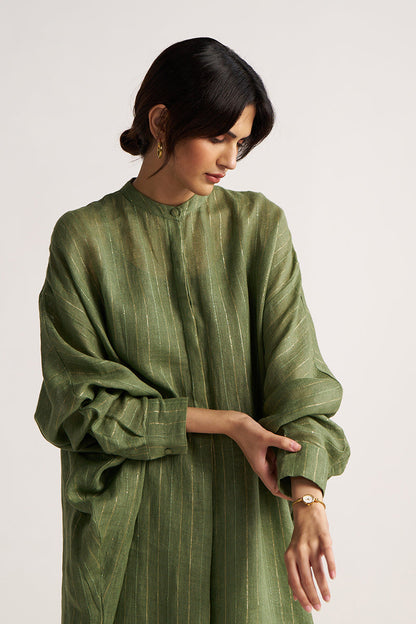 Women's Hedge Green Zari Linen Festive Co-ord Set