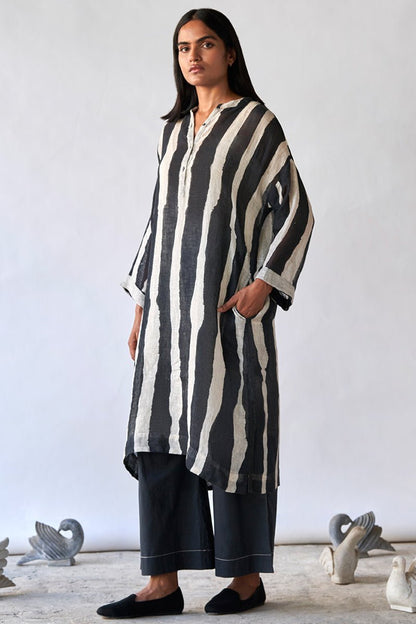 Women's Black and Tofu Stripe Linen Co-ord Set