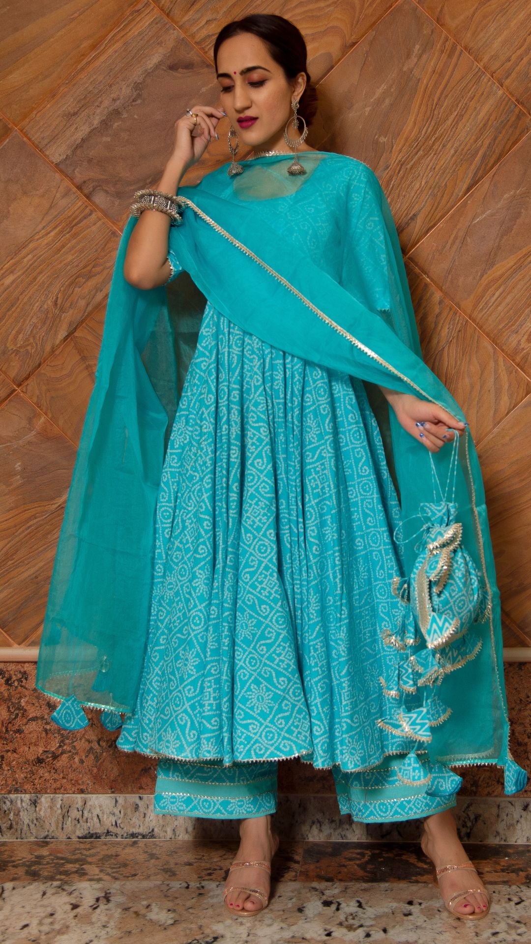 Bandhej Blue Cotton Anarkali Set