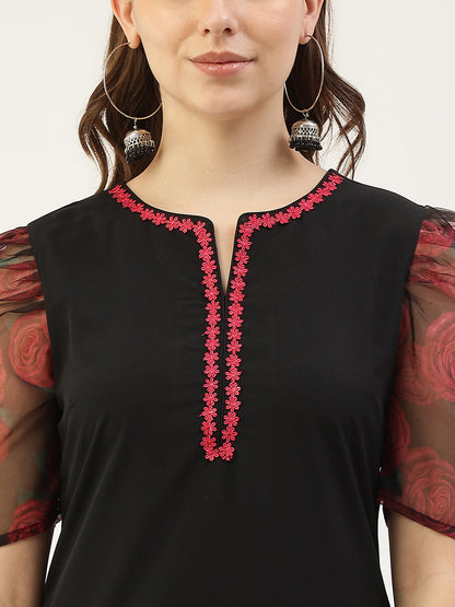 Women's Black Crepe Straight Kurta with Palazzo and Dupatta