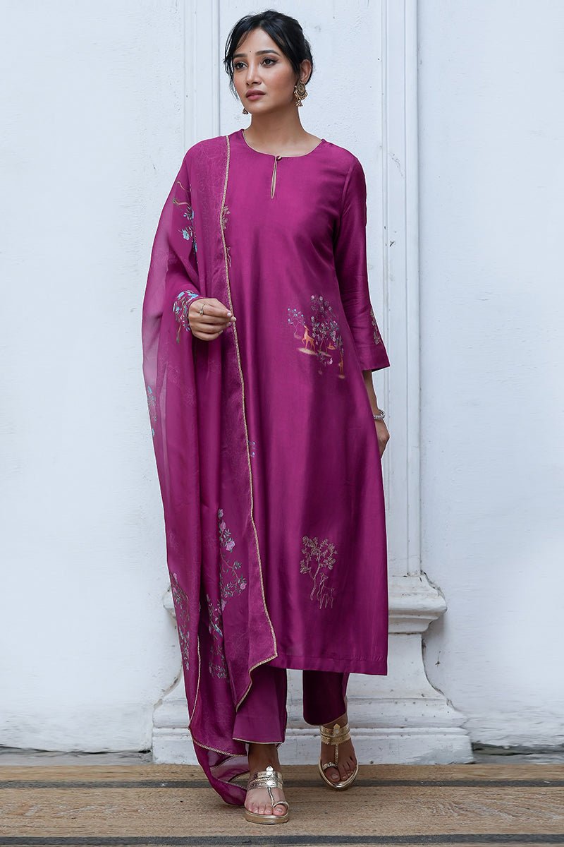 Women's Wine Raw Silk Salwar Suit With Organza Dupatta