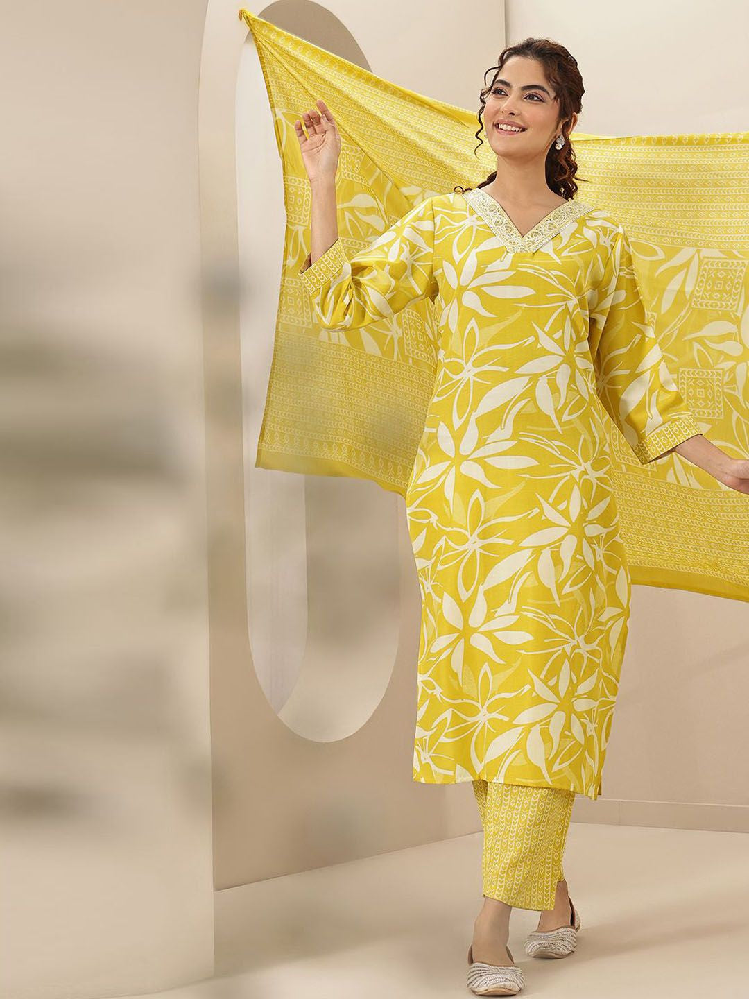 Floral Printed V Neck Thread Work Straight Kurta With Trousers & Dupatta
