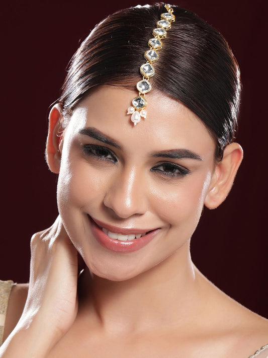 Dhiyona RJ Women's 18K Gold-Plated White Kundan-Studded Maangtika with White Pearls