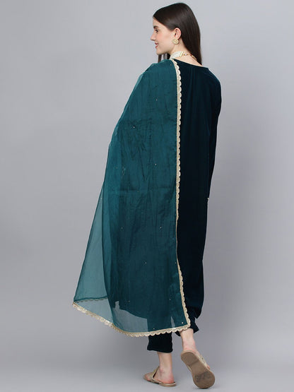 Dhiyona KL Floral Yoke Design Regular Gotta Patti Velvet Kurta With Trousers & Dupatta