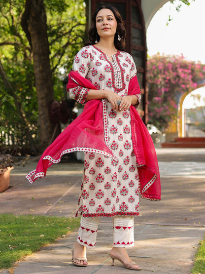 Dhiyona RR Women's Floral Printed Notch Neck Pure Cotton Kurta With Trousers & Dupatta