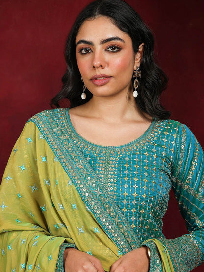 Dhiyona LL Sequinnce Embellished Round Neck Kurta with Palazzos & Dupatta