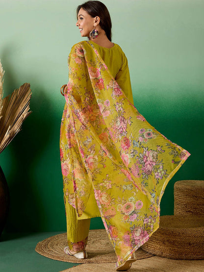 Green Floral Embroidered Round Neck Zari A-Line Kurta With Trouser & Dupatta