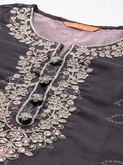 Bandhani Printed Thread Work Kurta with Trousers & With Dupatta