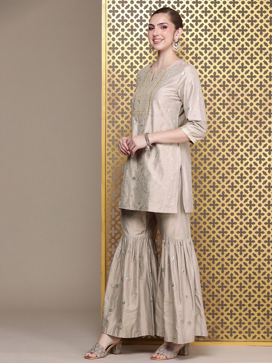 Dhiyona HOP Ethnic Motifs Embroidered Sequinned Jashn Kurta with Sharara & Dupatta