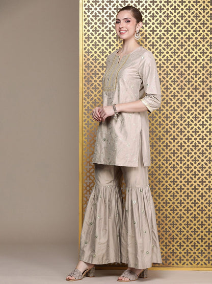 Dhiyona HOP Ethnic Motifs Embroidered Sequinned Jashn Kurta with Sharara & Dupatta