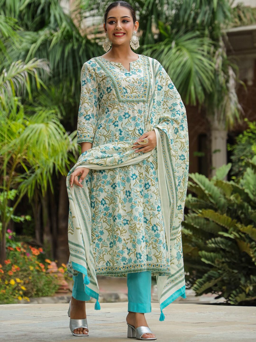 Dhiyona RR Women's Floral Printed Sequinned A-Line Pure Cotton Kurta with Trousers & Dupatta