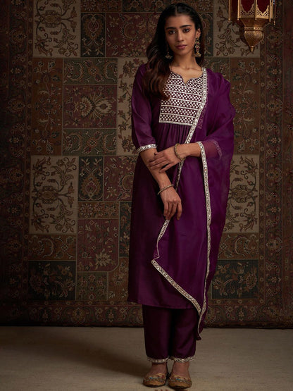 Yoke Design Embroidered Regular Kurta With Trousers & With Dupatta