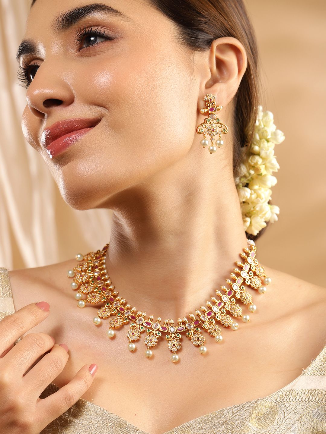 Dhiyona RJ Women's 22K Gold Plated Ruby Pink, Emerald & Cubic Zirconia Studded Jewellery Set