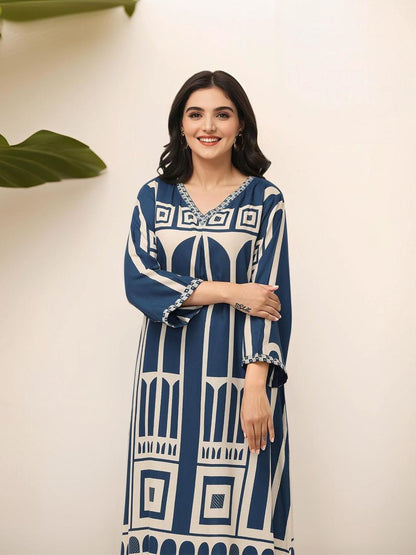 Dhiyona IS Women's Geometric Quirky Printed A- Line Kurta and Pants with Embroidered Hem