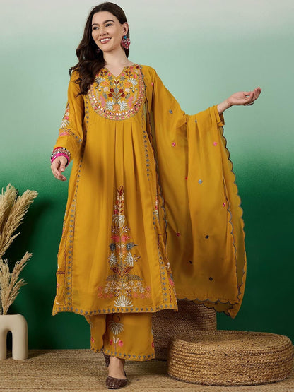 Dhiyona KL Floral Embroidered V-Neck Cuffed Sleeves Thread Work Kurta ,Palazzos & Dupatta