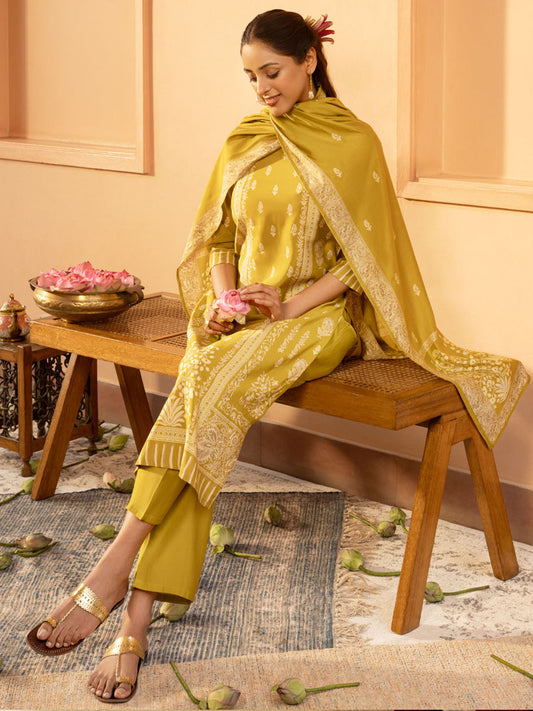 Mustard Yellow Floral Printed Keyhole Neck Straight Kurta With Trousers & Dupatta