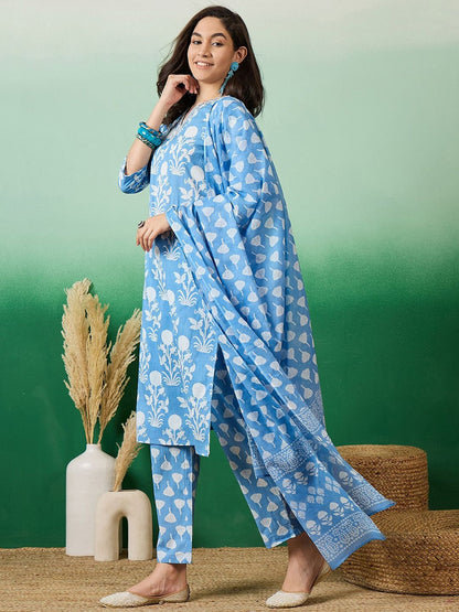 Dhiyona SN Women's Printed & Embroidered Pure Cotton Straight Kurta With Trouser & Dupatta Set