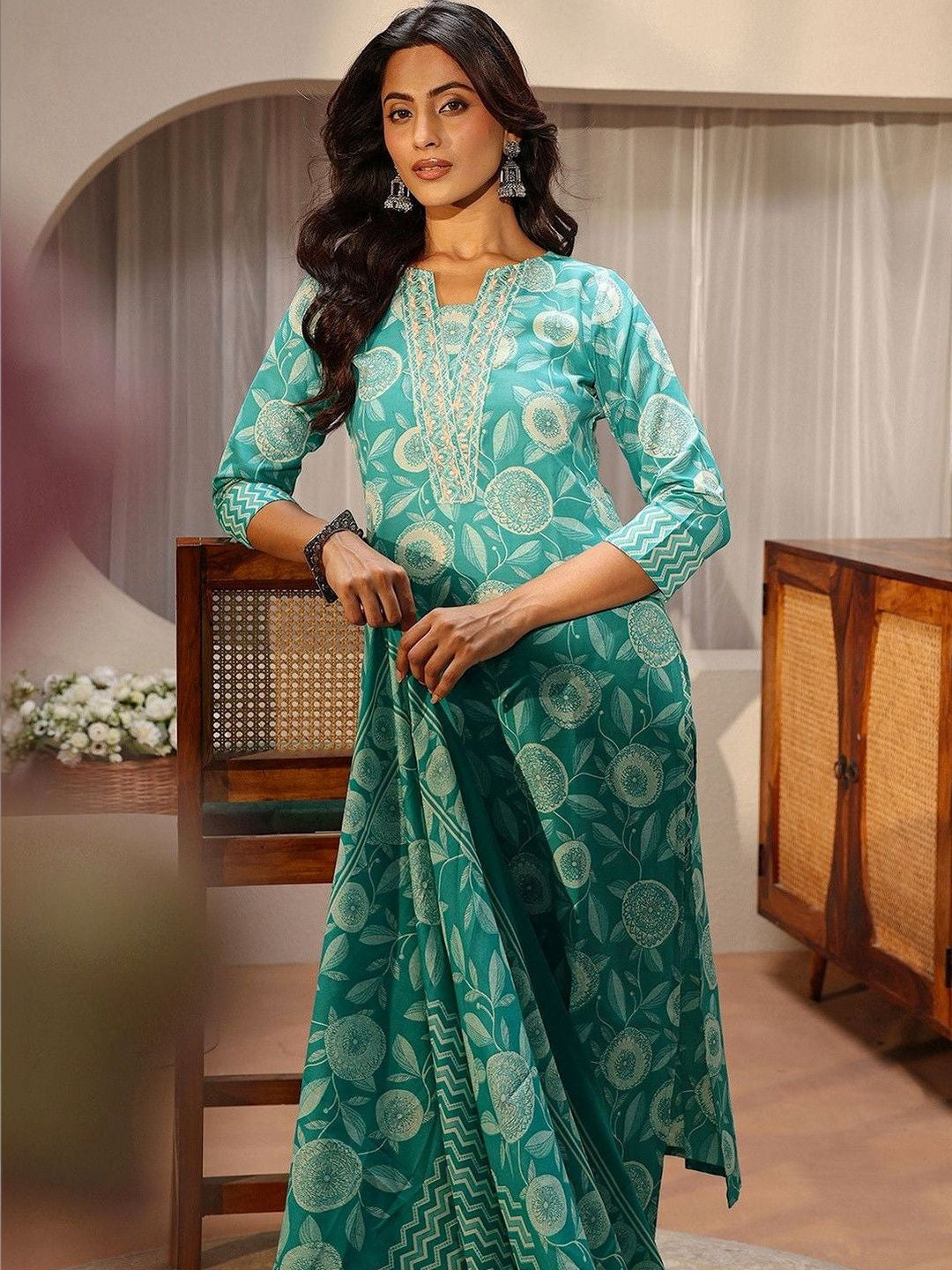Libas Blue Floral Printed Straight Suit Set